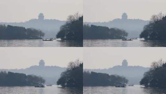 清晨杭州城市城隍阁与西湖风光空镜高清在线视频素材下载