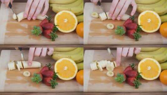 女子切割香蕉以混合蔬菜和水果高清在线视频素材下载
