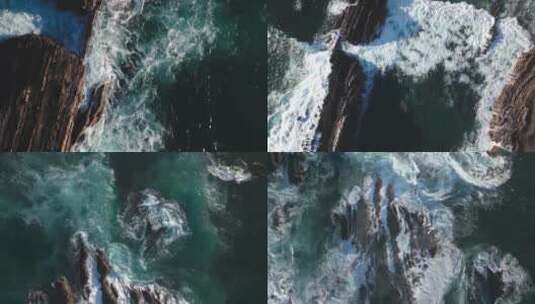 鸟瞰海水海浪海边拍打岩石高清在线视频素材下载