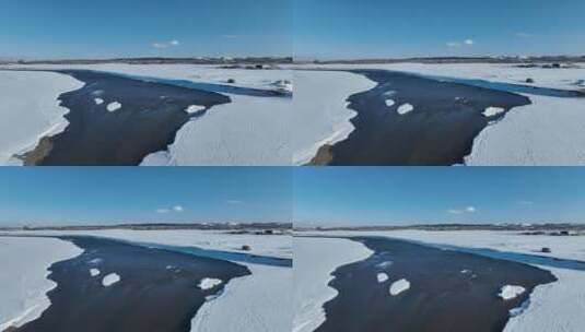 春天开河冰雪初融河湾流水高清在线视频素材下载