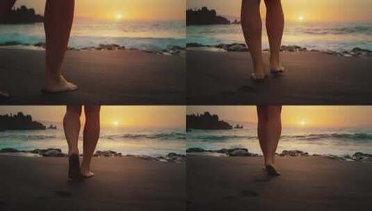 女孩光脚走在沙滩上高清在线视频素材下载