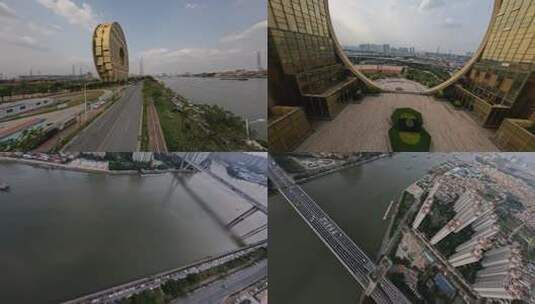 fpv穿越机航拍东沙桥广州地标圆大厦无人机高清在线视频素材下载
