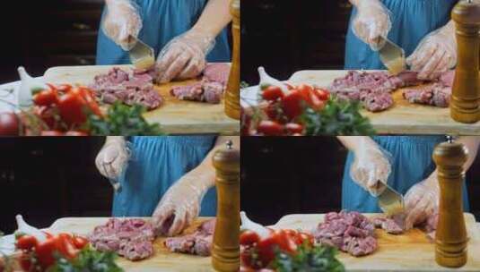 一个人在菜板上切肉高清在线视频素材下载