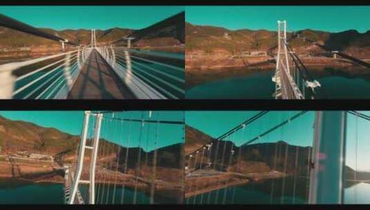 FPV穿越机无人机航拍工人检查大桥吊索日出高清在线视频素材下载