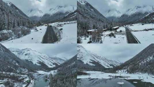 航拍四川雪山下午湖泊雪景四姑娘山旅游景区高清在线视频素材下载