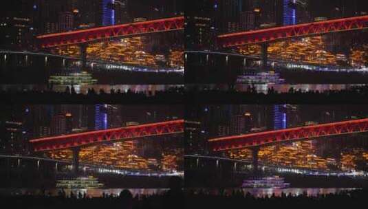 重庆嘉陵江洪崖洞夜景游客江边拍照打卡游玩高清在线视频素材下载