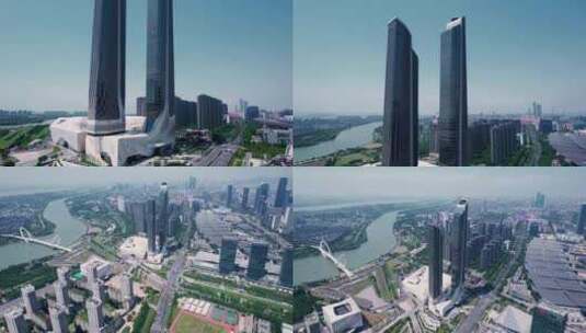 4k 航拍南京保利大剧院双子塔高清在线视频素材下载