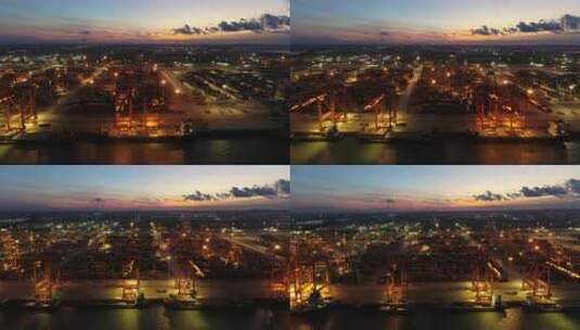 北部湾港钦州港区集装箱码头夜景航拍高清在线视频素材下载