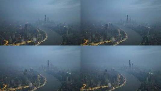 上海陆家嘴城市风光秋天晨雾高清在线视频素材下载