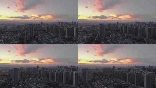 义乌江东黄昏日落城市建筑风光航拍高清在线视频素材下载