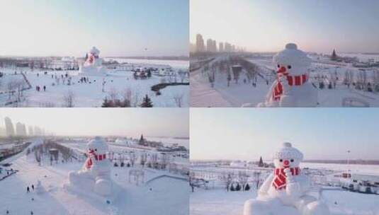 中国黑龙江哈尔滨外滩码头大雪人航拍合集高清在线视频素材下载