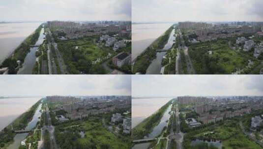 杭州钱塘江沿江边眺望下沙城市风景航拍高清在线视频素材下载