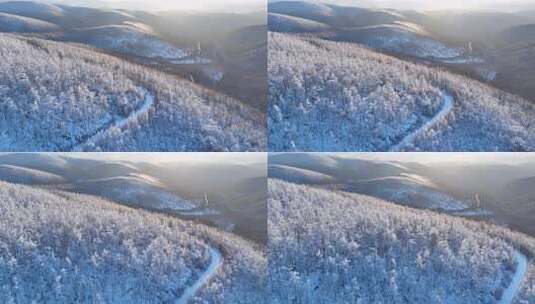 大兴安岭高山森林雾凇和雪路高清在线视频素材下载