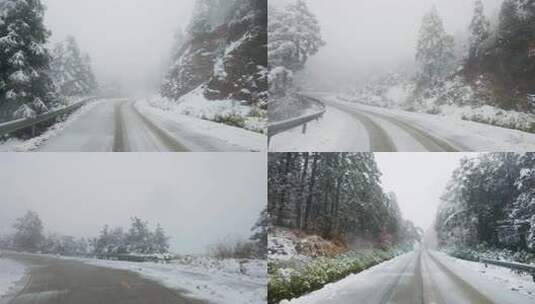 行车第一视角：雪花纷飞的山间公路行驶风景高清在线视频素材下载