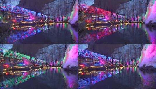 夜间彩色灯光映照的冰瀑景观高清在线视频素材下载