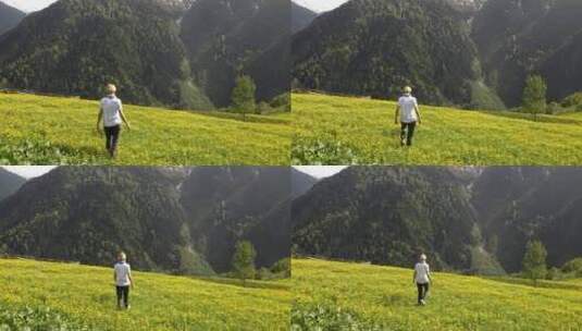 3795_一位金发女子走在山上的一朵花田里高清在线视频素材下载