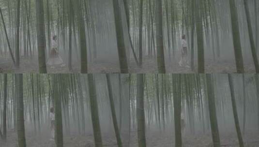 女孩惬意的在竹林里行走（4k灰度素材）高清在线视频素材下载