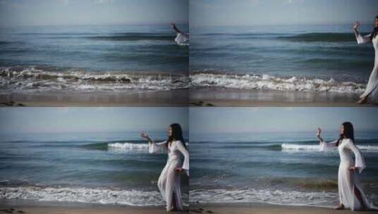 海滩上跳舞的女人高清在线视频素材下载