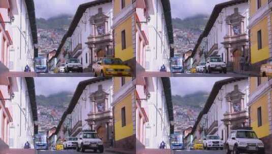 在基多厄瓜多尔的老街上行驶的交通工具高清在线视频素材下载