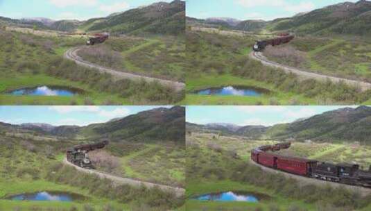 蒸汽火车穿过山脉特写高清在线视频素材下载