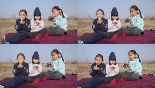 坐在野餐垫上吃零食的三个女孩高清在线视频素材下载