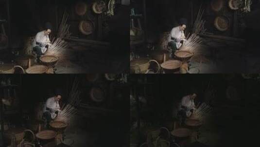 农村传统篾匠手工艺人场景4K实拍视频高清在线视频素材下载