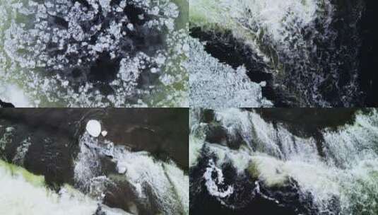 冬季河水解冻水流冰块航拍高清在线视频素材下载
