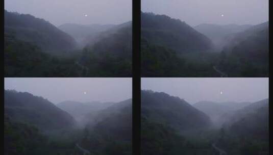 旅游景区 夏丹河圆月 山谷 中雾 移  航拍高清在线视频素材下载