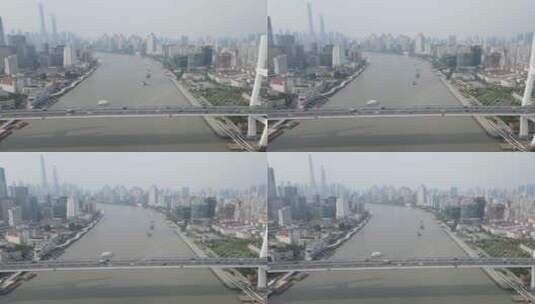 上海南浦大桥车流黄浦江全景特写4K航拍高清在线视频素材下载