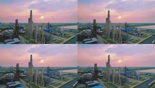 石油化工企业炼油厂夕阳下4k航拍高清在线视频素材下载