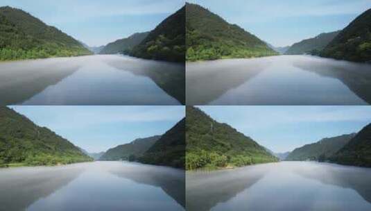 杭州建德新安江晨雾中航拍高清在线视频素材下载