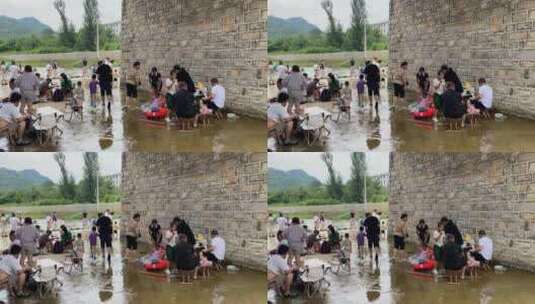 济南南部山区云河桥，野外山谷溪流玩水地高清在线视频素材下载