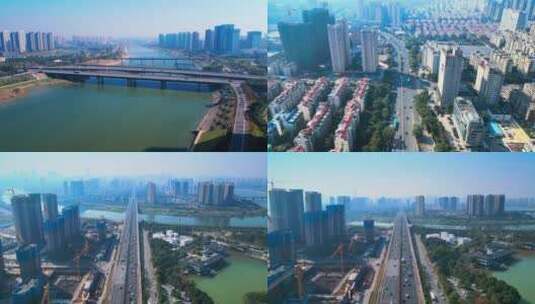 长沙浏阳河大桥航拍多镜头多地点高清在线视频素材下载