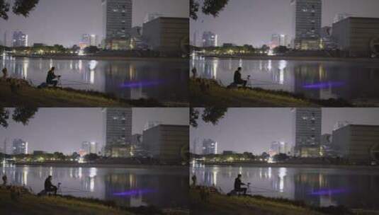 4K夜晚公园河边钓鱼的人高清在线视频素材下载