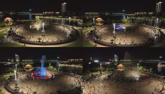 航拍鄂州夜景凤凰广场铜镜广场音乐喷泉高清在线视频素材下载