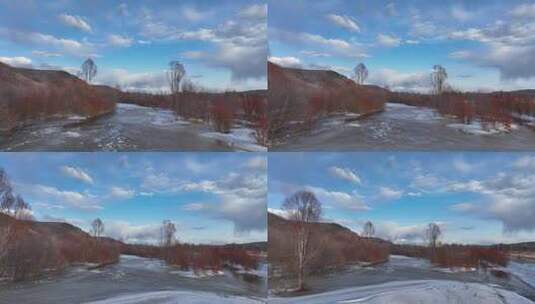 航拍早春残雪消融的河流高清在线视频素材下载