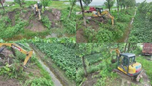 台风天气 农田沟渠排涝 疏通田间沟渠高清在线视频素材下载