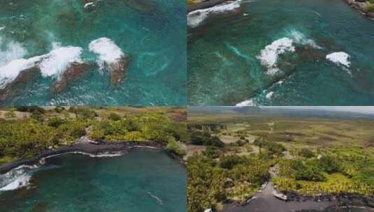 波浪和原始海洋普纳卢？美国夏威夷州大岛上的黑沙滩。高清在线视频素材下载