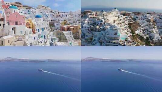 FPV无人机航拍希腊圣托里尼海岛城市蓝天高清在线视频素材下载