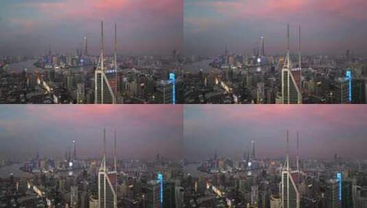 航拍傍晚的上海城市天际线高清在线视频素材下载