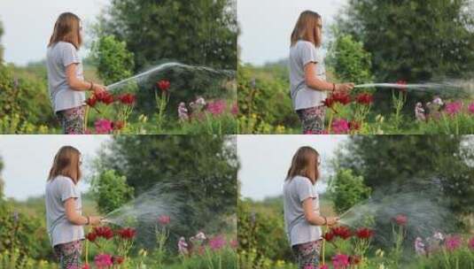 女子在花园里洒水浇花高清在线视频素材下载