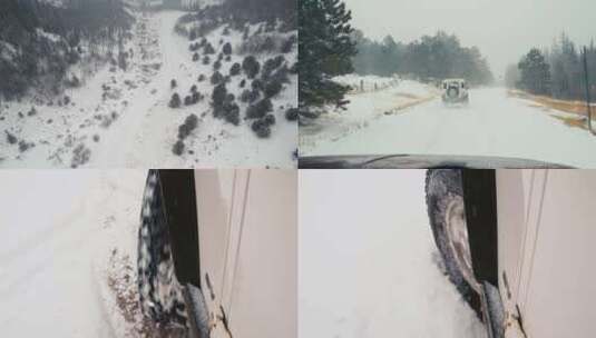 4K冬季新疆冰天雪地公路行驶汽车航拍合集高清在线视频素材下载