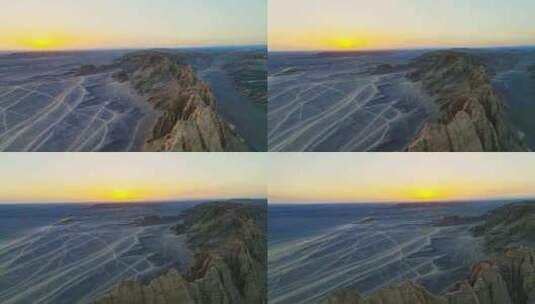 航拍夕阳下的新疆大海道戈壁雅丹风光高清在线视频素材下载