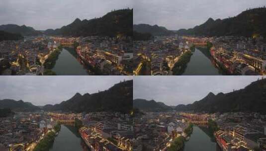 贵州镇远古镇夜幕降临夜景灯光航拍高清在线视频素材下载