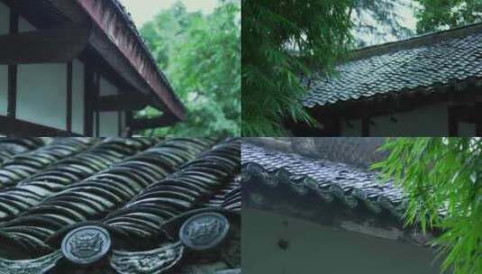 古建筑竹林屋檐下雨高清在线视频素材下载