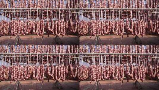 户外晾晒香肠腊肠制作新年传统肉制品年货高清在线视频素材下载