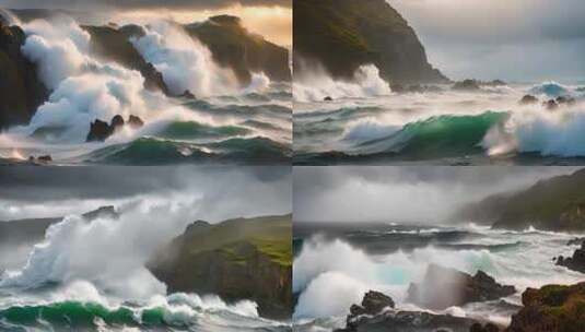 悬崖上暴风雨来临前波涛汹涌的海浪高清在线视频素材下载