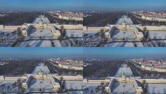德国柏林白雪覆盖的夏洛滕堡宫和花园的鸟瞰高清在线视频素材下载