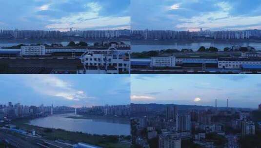 重庆市九龙坡区黄桷坪江岸边夕阳航拍素材高清在线视频素材下载