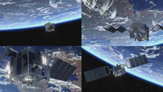卫星部署太阳能电池板绕地球运行高清在线视频素材下载